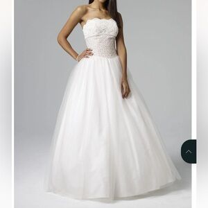 David's Bridal White Gold Wedding Prom Strapless Tulle Ball Gown Beaded Lace